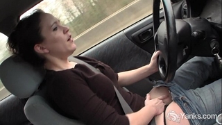 Sexy lou driving and rubbing her moist muff