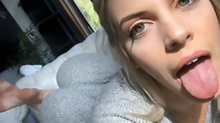 Hot blonde young lady loves jerking cock of male off, doing great blowjob, fukcing in hardcore ssex act and having wild orgasm