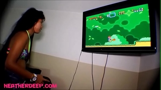 Heather unfathomable playing super mario brother receives deepthroat throatpie